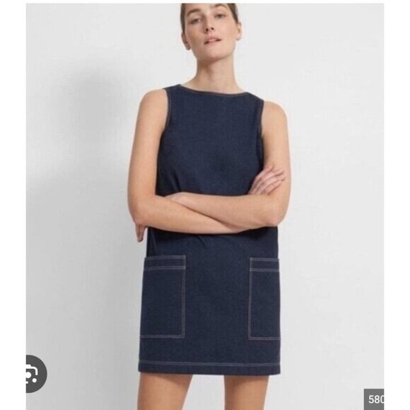 Theory Mod Denim Knit Dress Womens 2 Sleeveless Sheath Shift Pockets Minimalist - Picture 1 of 4